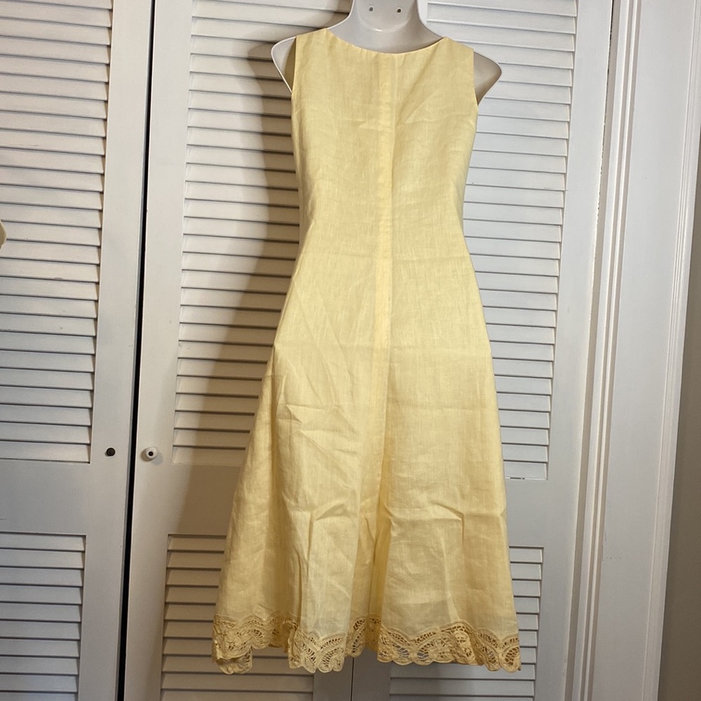 90s vintage Talbots Irish Linen buttercream yellow v- neck sleeveless dress - Picture 2 of 8